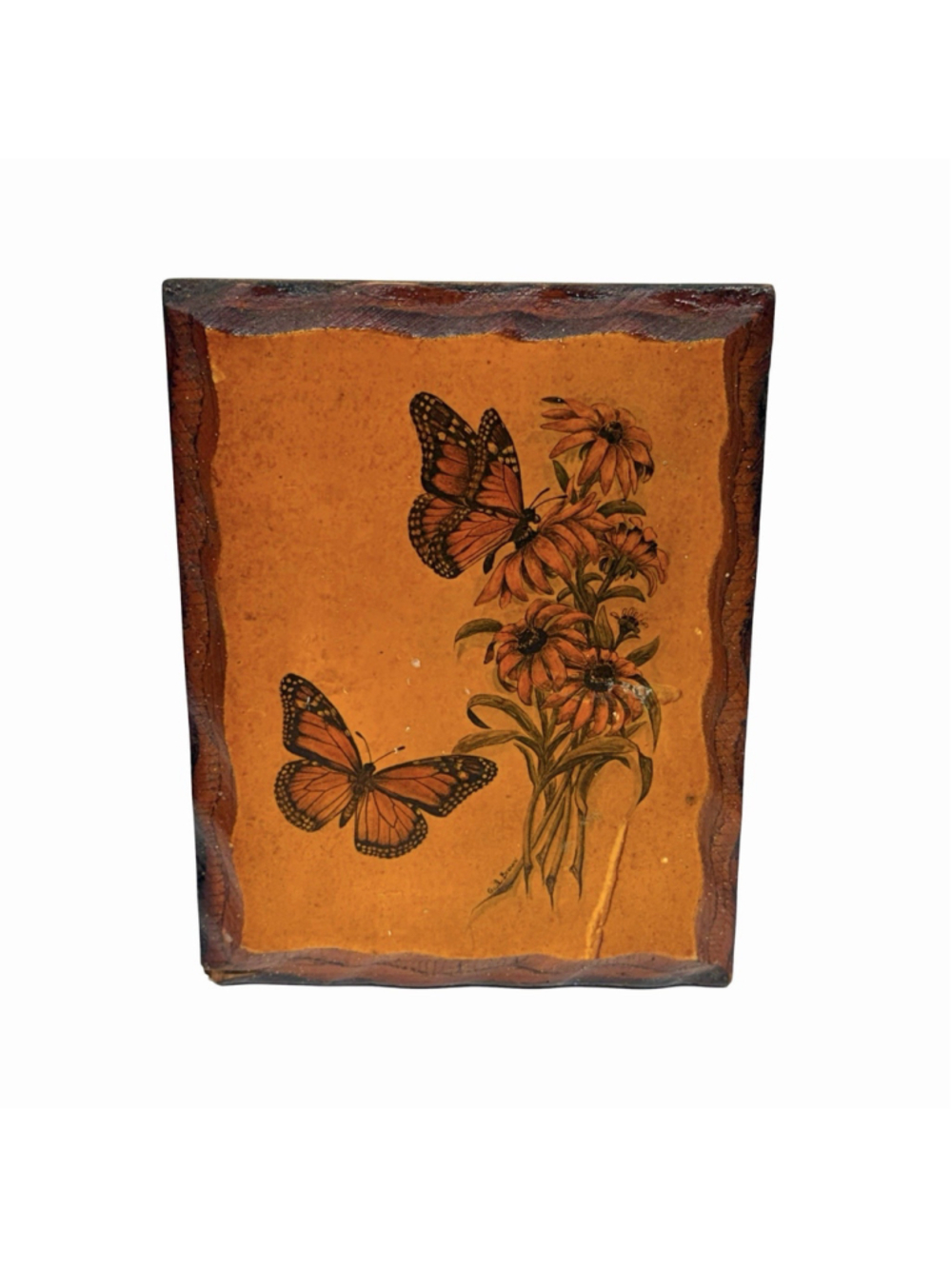 Vintage Monarch Butterfly Black Eyed Susan Wood Wall Plaque Decoupage Rustic